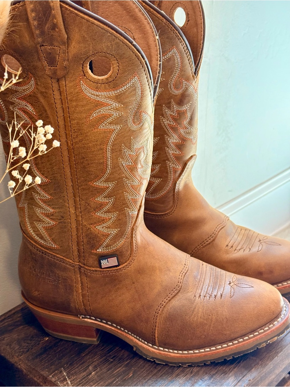 Double H Daniela Brown Tan Leather Cowboy Boot Interior with Embroidered Pull